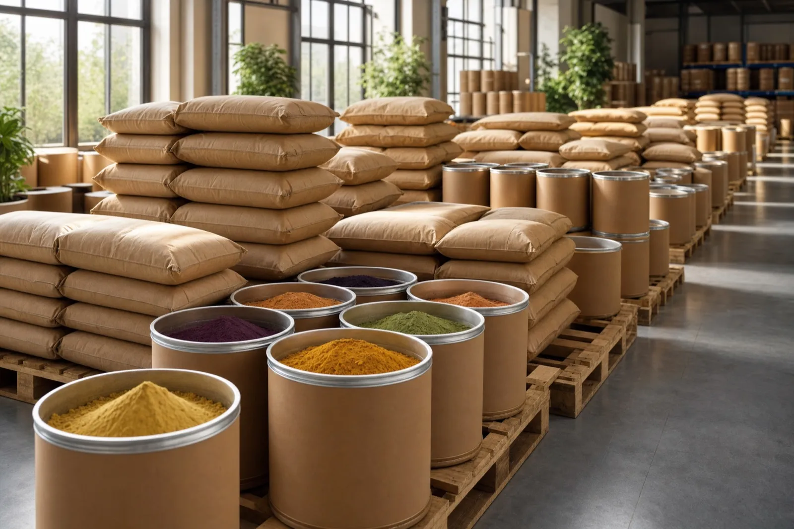 Food-grade sacks and drums of powder stacked on pallets in a warehouse