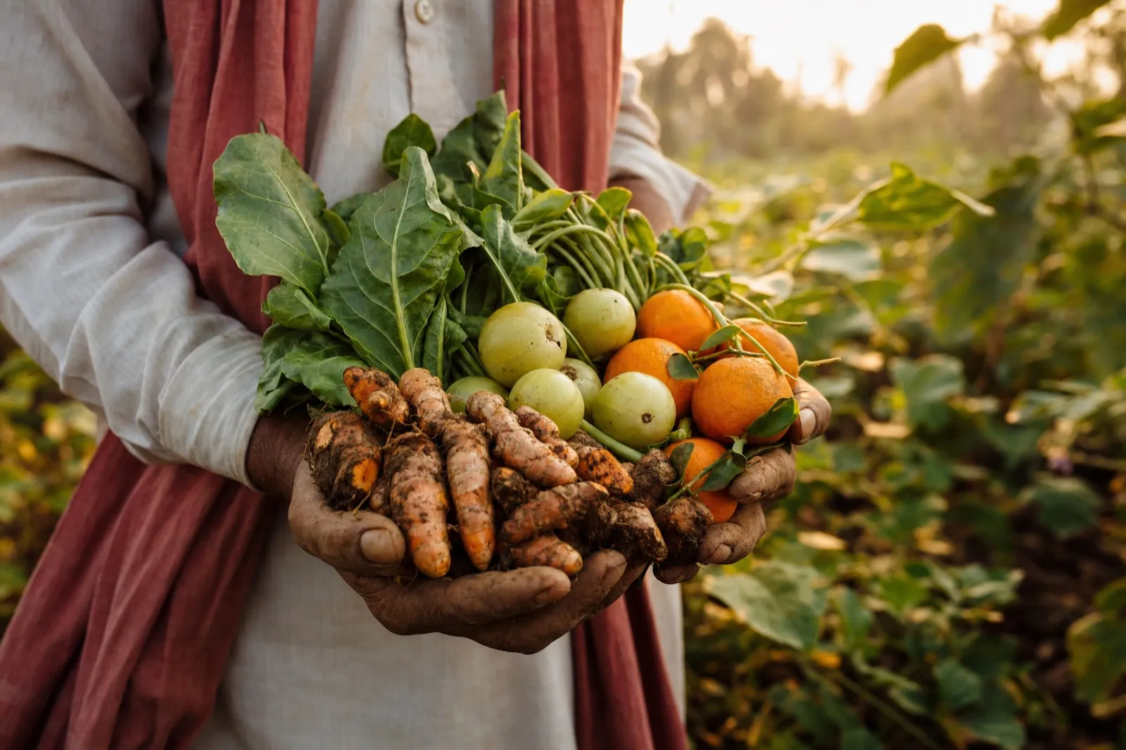 Farmer holding freshly harvested produce sourced directly from selected farms