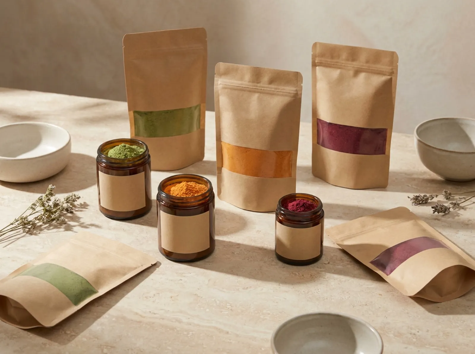 Blank-label private-label pouches and jars ready for your brand