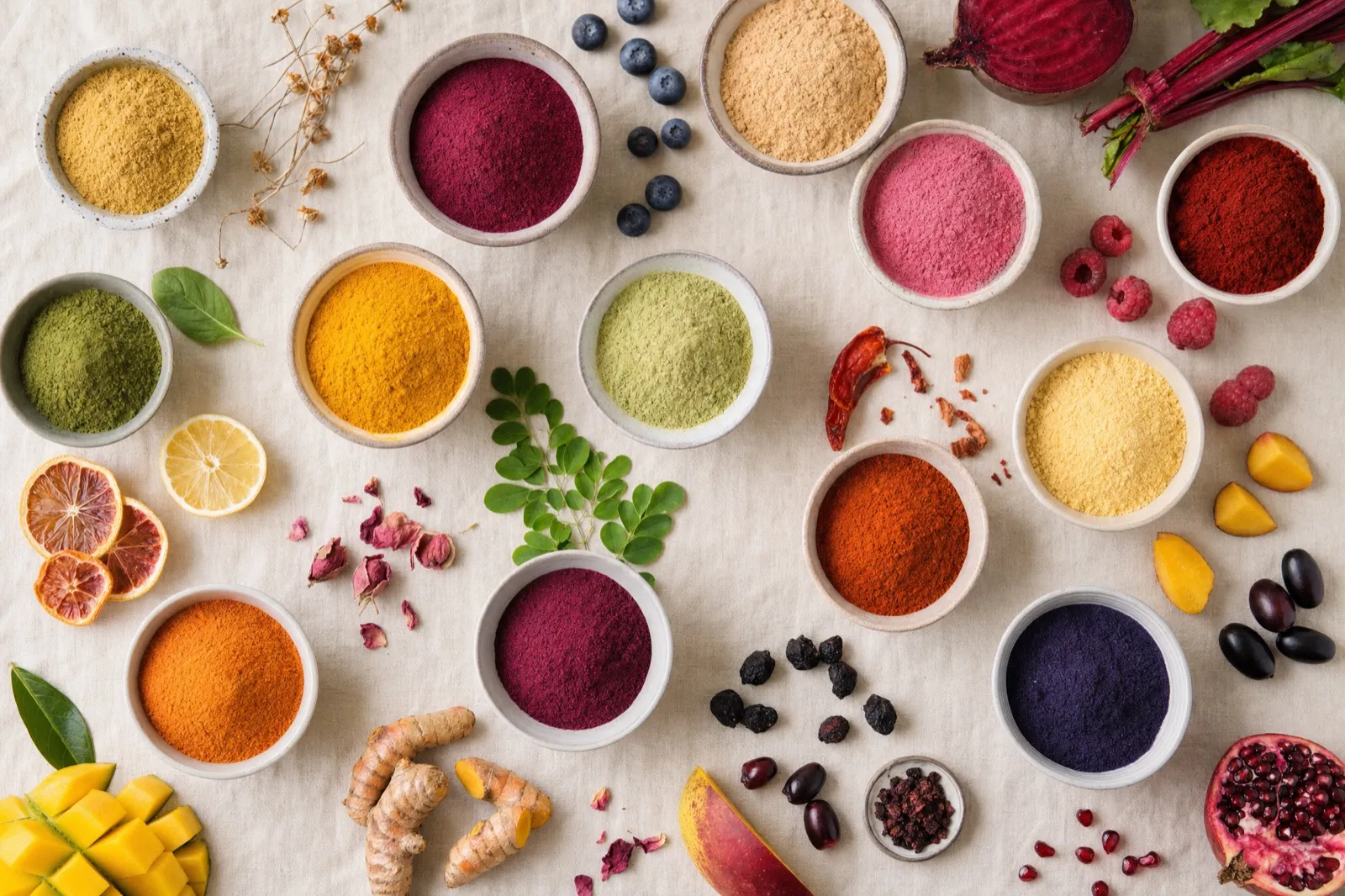Overhead arrangement of colourful dehydrated fruit, vegetable and spice powders