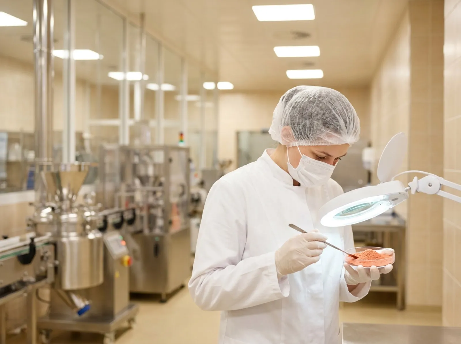 Quality control technician inspecting fruit powder in a hygienic facility